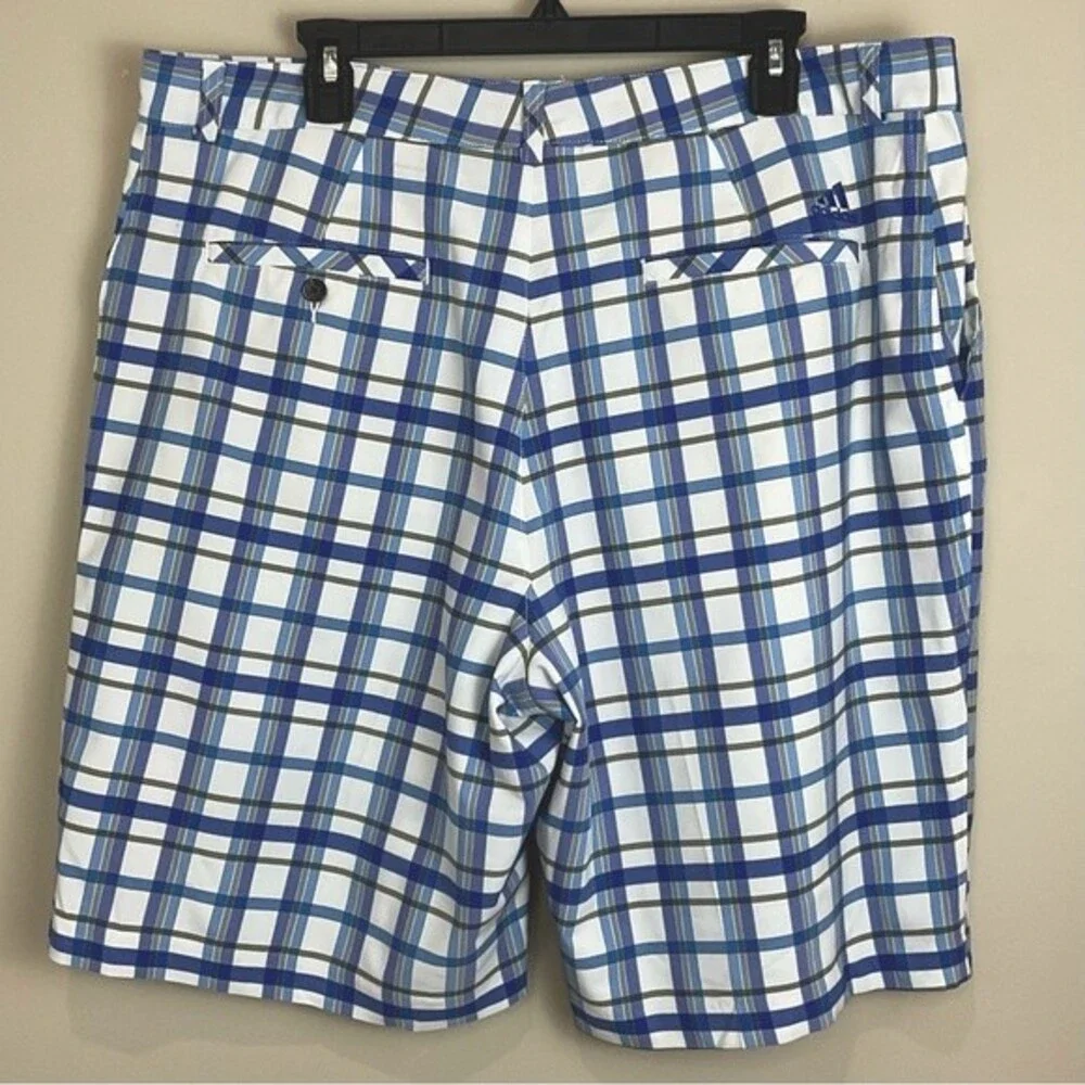 Adidas Plaid Golf Shorts Flat Front Men's Sz 40 Performance Blue & White